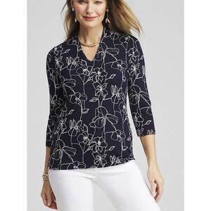 Chico's Sze-4 US(XXL) TOUCH of COOL FLORAL TEE Dark Navy Blue